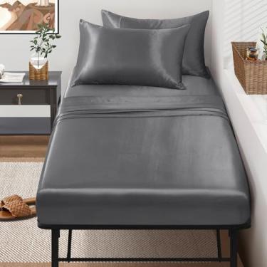 Imagem de SiinvdaBZX Jogo de cama de berço de 4 peças 78,7 cm x 190,5 cm, lençóis de beliche de cetim cinza sedoso macio para cama de solteiro estreito/beliche de acampamento/camas de hóspedes/berços militares