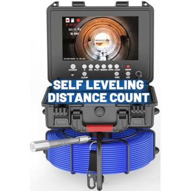 Imagem de PeachLeaf Câmera de esgoto autonivelante, função de contagem de distância integrada, gravador de microfone e DVR com 32 GB, 9 polegadas IP68 à prova d'água com 12 luzes LED, equipamento de inspeção de