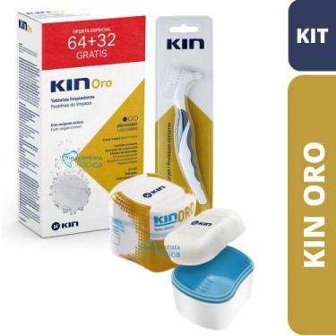Imagem de KIN ORO  Kit 96 Pastilhas + 1 Escova + 1 Dispenser  Limpeza de Prótese