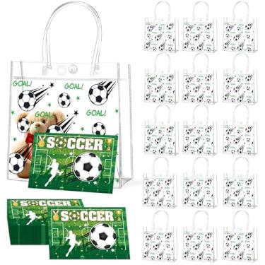 Imagem de Conjunto de 24 peças de sacos de presente e cartões de felicitações de PVC transparente com tema de futebol com alças tema esportivo lembrancinhas de festa para meninos, aniversário, feriado, equipe
