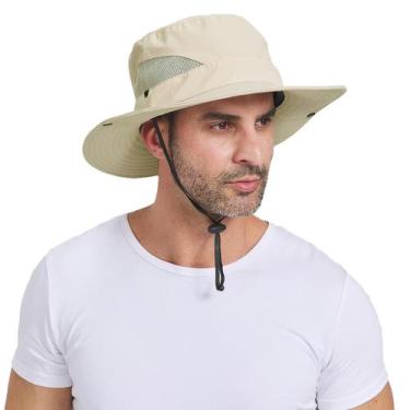 Imagem de Chapéu Sun Bucket PFFY para homens UPF 50+, aba larga, bege