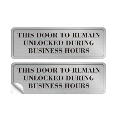 Imagem de 2 peças de placa adesiva para portas devem permanecer desbloqueadas durante o horário comercial, autoadesivo, preto, prata, por favor, não trave a porta durante o horário de funcionamento para vidro