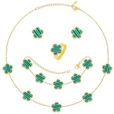 Imagem de SUBANG Conjunto de 5 peças de joias de trevo da sorte para mulheres, conjunto de joias de ouro banhado a ouro 18 K, design de flor, colar de cinco folhas, pulseira e brincos para mulheres, Adjustable