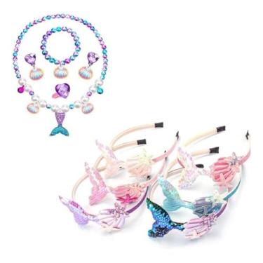 Imagem de Kit Colar Pulseira Brincos Anel + Tiara Calda Sereia (Violeta com Brilho)