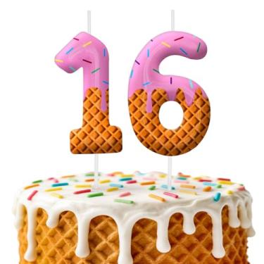 Imagem de Velas de aniversário de sorvete, decoração de topo de bolo de 6 cm, número 16 velas, decorações de aniversário, decorações de bolo de festa de aniversário, suprimentos de festa