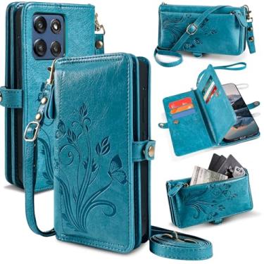 Imagem de Lacass Capa carteira para Motorola Moto G Stylus 2025, [proteção contra roubo de cartões] Suporte de cartão com zíper de couro flip alça de pulso transversal com suporte (azul floral verde)