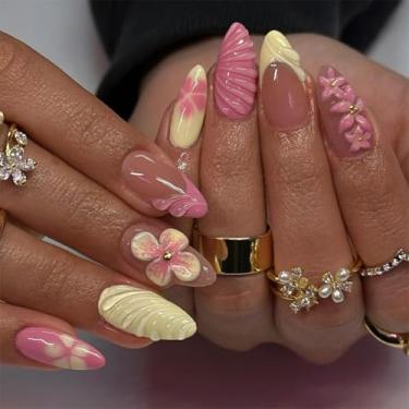 Imagem de Unhas postiças médias de amêndoa, unhas falsas francesas, unhas artificiais rosa com desenhos florais, prensas de unhas de acrílico, unhas fofas para mulheres, 24 peças