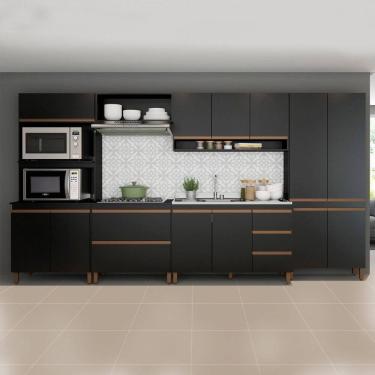 Imagem de Armário de Cozinha Modulada Gourmet com Balcão Pia Sabrina 360x202Cm 6 Peças MDP Preto Menu Móveis