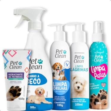 Imagem de Kit Higiene 5 em 1: Banho a Seco Sem Enxague + Spray Limpa Patas + Limpador de Ouvidos Cera Orelhas + Limpa Lágrimas Ácidas Olhos + Hidratante de Patinhas - Pet Clean