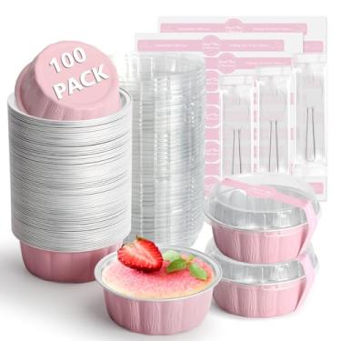 Imagem de Ruckae 100 peças de mini copos redondos de 227 g com tampas, mini formas de bolo com tampas, copos descartáveis de ramequins de folha de alumínio para festa de aniversário, casamentos (rosa, 227 g)