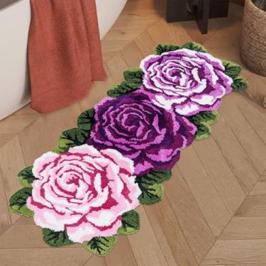 Imagem de USTIDE Tapete de lavanderia em forma de rosa 51 cm x 128 cm tapete de banho floral antiderrapante ultramacio lavável para banheiro, rosa fofo, roxo, tapete para cabeceira, entrada