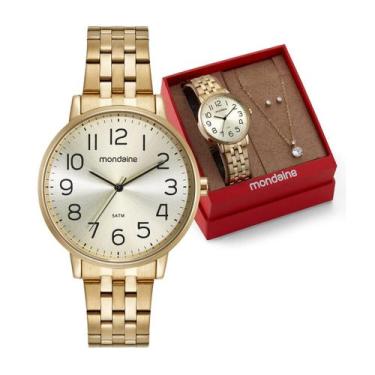 Imagem de Kit Relógio Feminino Mondaine Casual Dourado À Prova D'Água 50M 32599L