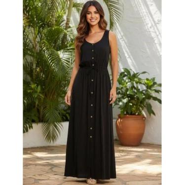 Imagem de Vestido Feminino Longo Rodado Com Cinto Sem Mangas Com Alças Largas Re