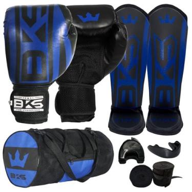 Imagem de Luva Boxe Muay Thai - Caneleira Bolsa Bandagem Bucal - Bks, Azul, 16oz