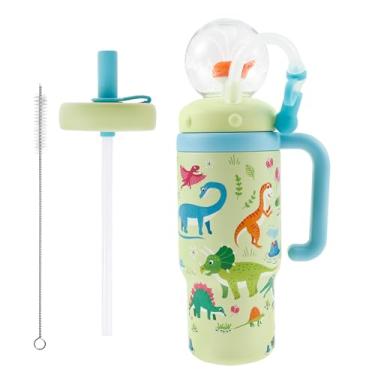 Imagem de Garrafa de água isolada de 710 ml, esguicho de baleia com tampas e canudos, linda garrafa de água de esguicho de baleia à prova de vazamento para crianças, adolescentes e adultos (verde, com padrão)