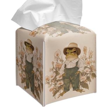 Imagem de Grace Yonks Capa quadrada de caixa de lenços vintage sapo, macacão floral cottagecore para lenços faciais, couro PU de 13 cm (081)