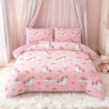 Imagem de Peopleareok Conjunto de edredom solteiro de unicórnio (168 x 203 cm), 2 peças, edredom fofo com estampa de unicórnio rosa, kawaii, para decoração de quarto de meninas todas as estações