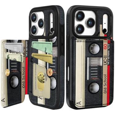 Imagem de Shorogyt Capa carteira compatível com iPhone 17 Pro Max com suporte para cartão - Design de fita de CD fofo com suporte para fecho magnético traseiro flip capa de telefone de couro para mulheres