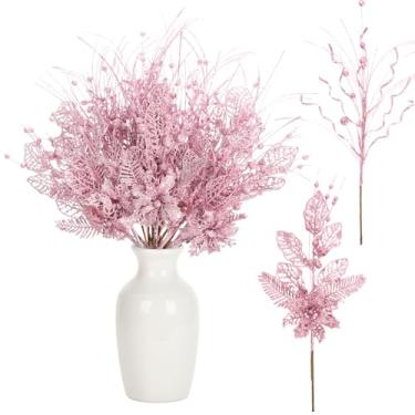 Imagem de Yunlly 24 peças, enchimento de árvore com glitter, 43,3 cm, para decoração de árvore de Natal, galhos brilhantes para casamento (rosa)