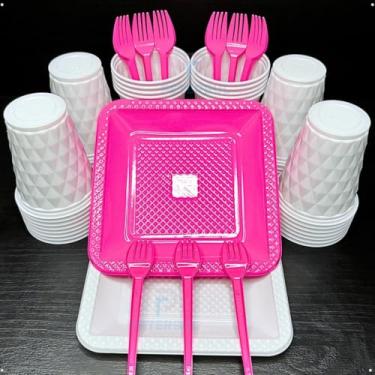 Imagem de Conjunto de luxo descartável para festas de aniversário com 260 peças Pratos quadrados de plástico colorido com efeito perolado Cores doces (Branco Pink)