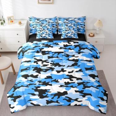 Imagem de Erosebridal Jogo de cama King camuflado azul em uma bolsa de 7 peças | Jogo de cama geométrico com tema militar retrô do exército para crianças, meninos e meninas, conjunto de lençol geométrico com