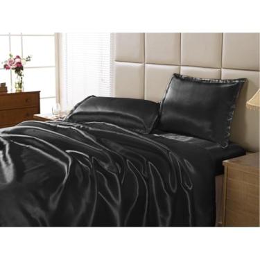 Imagem de Jogo de Lençol Casal King em Cetim Charmousse – 4 Peças, Toque Macio, Alto Brilho, Anti-Frizz e Luxo para o Quarto(PRETO)