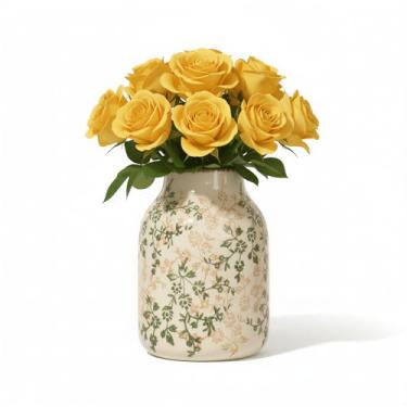 Imagem de Geniff Vaso de cerâmica vintage rústico, vaso decorativo bege e verde de 19,8 cm, vaso de cerâmica de fazenda estética para decoração de casa, sala de estar e jantar, estante de livros, escritório