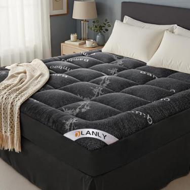 Imagem de OLANLY Topper de colchão completo – Parte superior de almofada refrescante de viscose feita de bambu, cobertura de cama de pelúcia com design acolchoado respirável, colchão completo macio para alívio