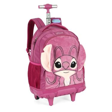 Imagem de Mochila de Rodinhas G Angel Stitch Disney Luxcel | Pink Roxa Pelúcia 3D | Com Orelhas