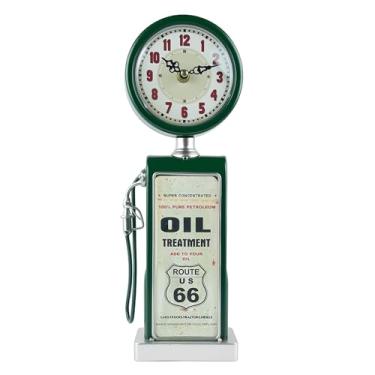 Imagem de Lily's Home Relógio de manto antiquado Route 66 com bomba de gás, silencioso, sem tique-taque com movimento de quartzo, é um presente ideal para colecionadores de placas antigas, verde (33 x 11 cm)