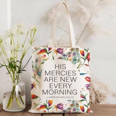 Imagem de Sacola de lona cristã floral para mulheres, versículo bíblico, His Mercies are New Every Morning, bolsa de ombro reutilizável para igreja de compras de supermercado