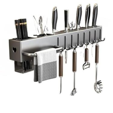 Imagem de Suporte para Utensílios de Cozinha com Porta Talheres e Pano - Organizador de Facas e Acessórios para Parede (Cinza)