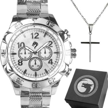 Imagem de Relogio Masculino Prata Prova Dagua + Cordao Cruz Catolico Resistente Religioso Preto Original