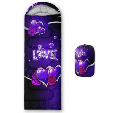 Imagem de QOOMO Sacos de dormir impermeáveis com estampa de amor roxo para adultos e crianças, sacos de dormir impressos para acampamento, viagens e atividades ao ar livre, equipamento de acampamento, 78,7 x