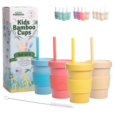 Imagem de Grow Forward Copos infantis de bambu com tampas e canudos - Copos de 290 ml para crianças com tampas torcidas à prova de crianças e canudos de silicone - Ecológico, livre de BPA, não tóxico e pode ser