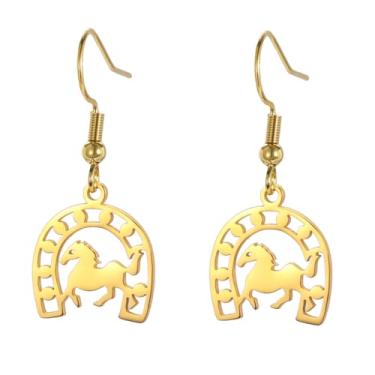Imagem de UNIFT Brinco de ferradura Lucky Horseshoe para mulheres, de aço inoxidável, com pingente de cavalo e ferradura, presente para amantes de cavalos e equestres, One Size, Aço inoxidável, Sem pedra