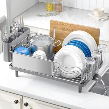 Imagem de Urackify Escorredor de pratos grande de aço inoxidável 304 para balcão de cozinha, organizador de cozinha multifuncional resistente à ferrugem e rack de armazenamento de fácil limpeza com suporte de