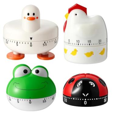 Imagem de Amylove Temporizador de cozinha fofo de 4 peças, manual mecânico de animais, pintinho, sapo, pato, joaninha, alarme alto de 60 minutos, temporizador para adultos, Natal, casa, cozinha, fitness, beleza