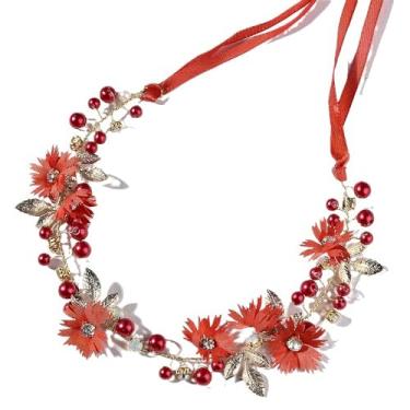 Imagem de Chiorgone Guirlanda de videira de cabelo de noiva de flor vermelha - faixa de cabeça de folha dourada com frutas e cristais, acessório de cabelo floral de casamento para noivas, acessório de cabelo