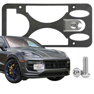 Imagem de Moldura de placa de licença frontal resistente compatível com Porsche Cayenne (Base, S, GTS) 2019-2023, suporte de placa de carro antifurto com gancho de reboque sem broca, acessórios de carro à prova