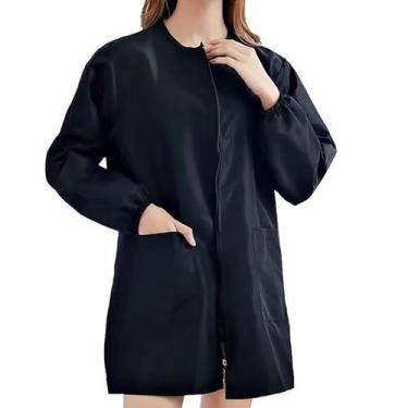 Imagem de MOAIYU Blusa de barbeiro de poliéster, manga curta/longa, fácil com zíper, anticabelo, avental de cabeleireiro para ambiente de trabalho