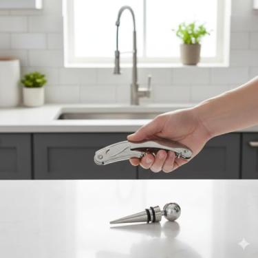 Imagem de Kit Vinho Abridor Garrafa Aço Inox 2 Peças Tampa Premium