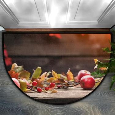 Imagem de Tapete de porta meio redondo, frutas, maçã, outono, madeira, antiderrapante, absorvente, semicírculo, tapetes laváveis, para ambientes internos e externos, pátio, cozinha, banheiro, entrada, lareira