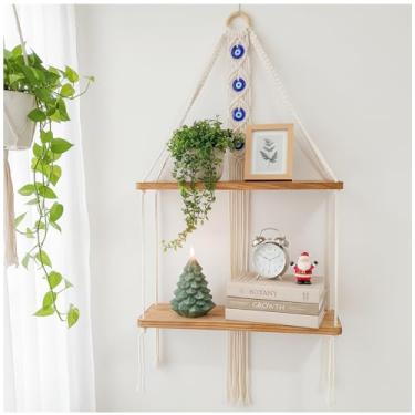 Imagem de Prateleiras suspensas para parede, madeira, cor 3 camadas, macramê, pendurar na parede, prateleiras, para parede, banheiro, quarto, cozinha, sala de estar (cor branca)