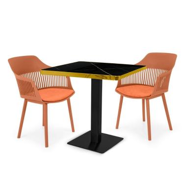 Imagem de Conjunto Mesa De Jantar Quadrada Venezia 70x70cm Preta Com 2 Cadeiras Estofadas Marcela - Marrom
