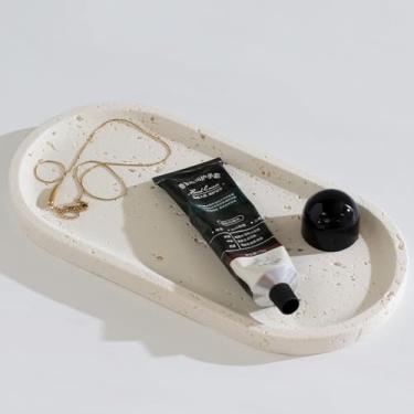 Imagem de Haocoott Bandeja de joias para banheira, bandeja decorativa de perfume com aparência de pedra de resina, suporte de prato organizador de mármore para anel, sabonete, toalha, pequenas coisas na bancada