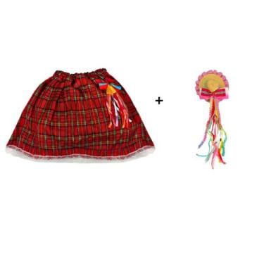 Imagem de Kit Saia Feminina Festa Junina São João Presilha Chapéu Palha - Meimi 