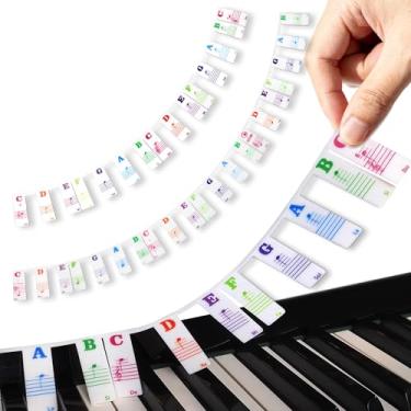 Imagem de Sobreposição de notas de piano 61 tiras de teclado, etiquetas de piano removíveis Azymi 61 teclas para iniciantes, letras grandes multicoloridas, guia musical de silicone para crianças inclinadas para