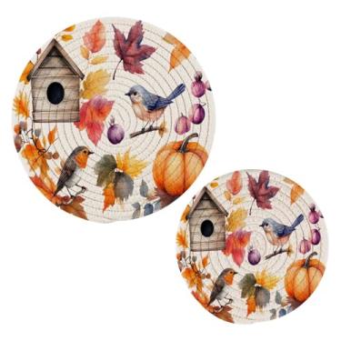 Imagem de Wassud Conjunto de trivet de outono de abóboras em aquarela para pratos quentes, suportes de panela redondos, almofadas quentes de algodão, porta-copos elegantes, decoração de cozinha e acessórios, 2