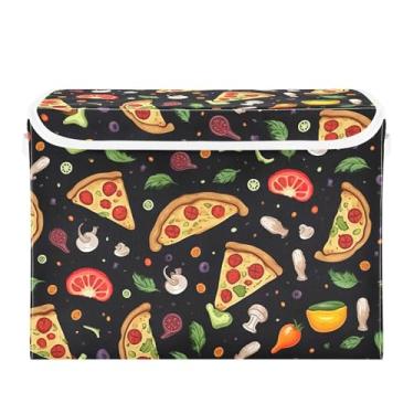 Imagem de xigua Cestos de armazenamento de fundo de pizza com tampas e alça de transporte, caixas de armazenamento dobráveis organizadores recipientes cestos cubo com capa para casa, quarto, armário, escritório